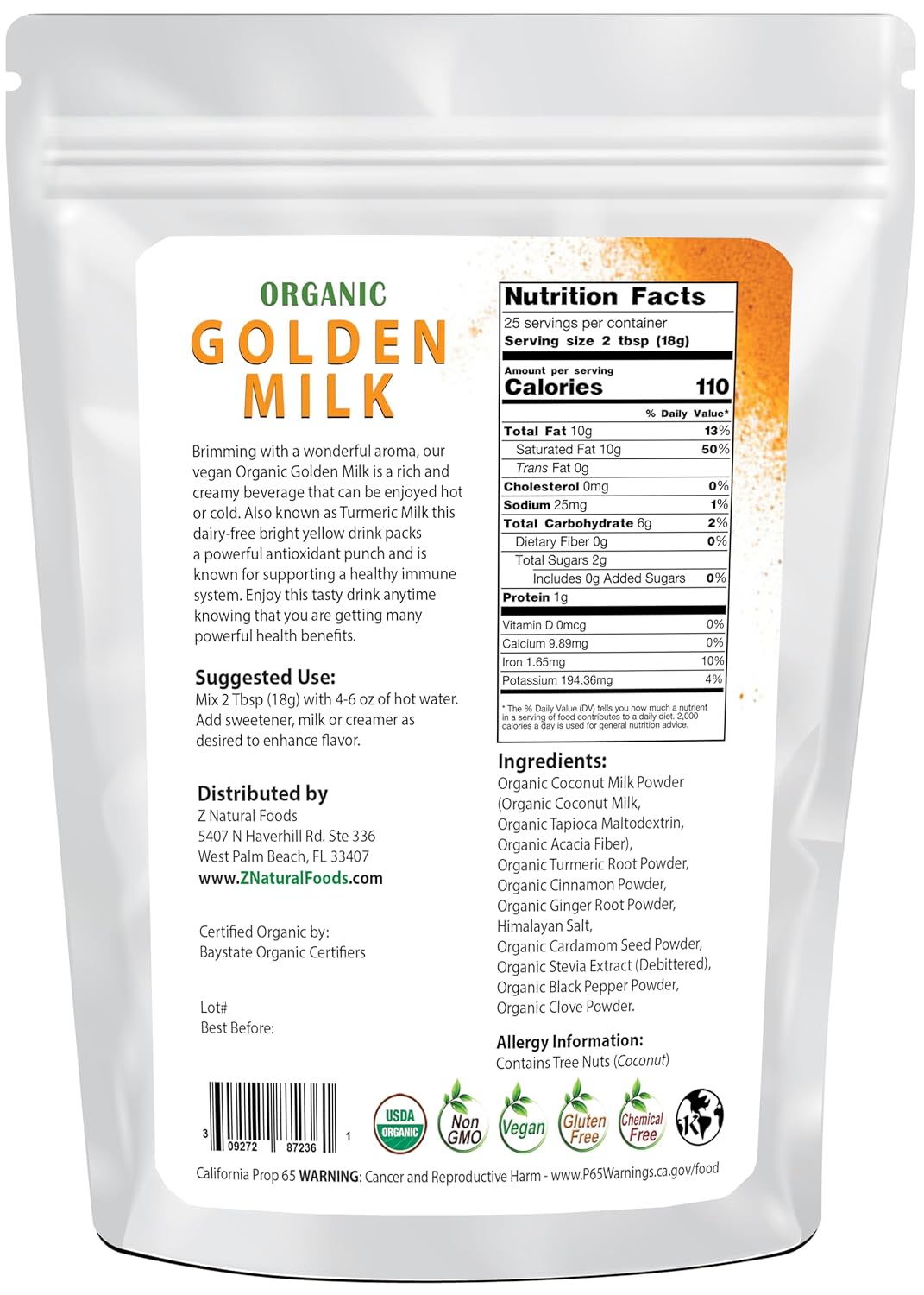 Z Natural Foods Organic Golden Milk Powder - Turmeric Superfood Blend, Mix In Coffee, Tea, Lattes, Smoothies Recipes - Non GMO, Vegan, Gluten Free - 1 lb