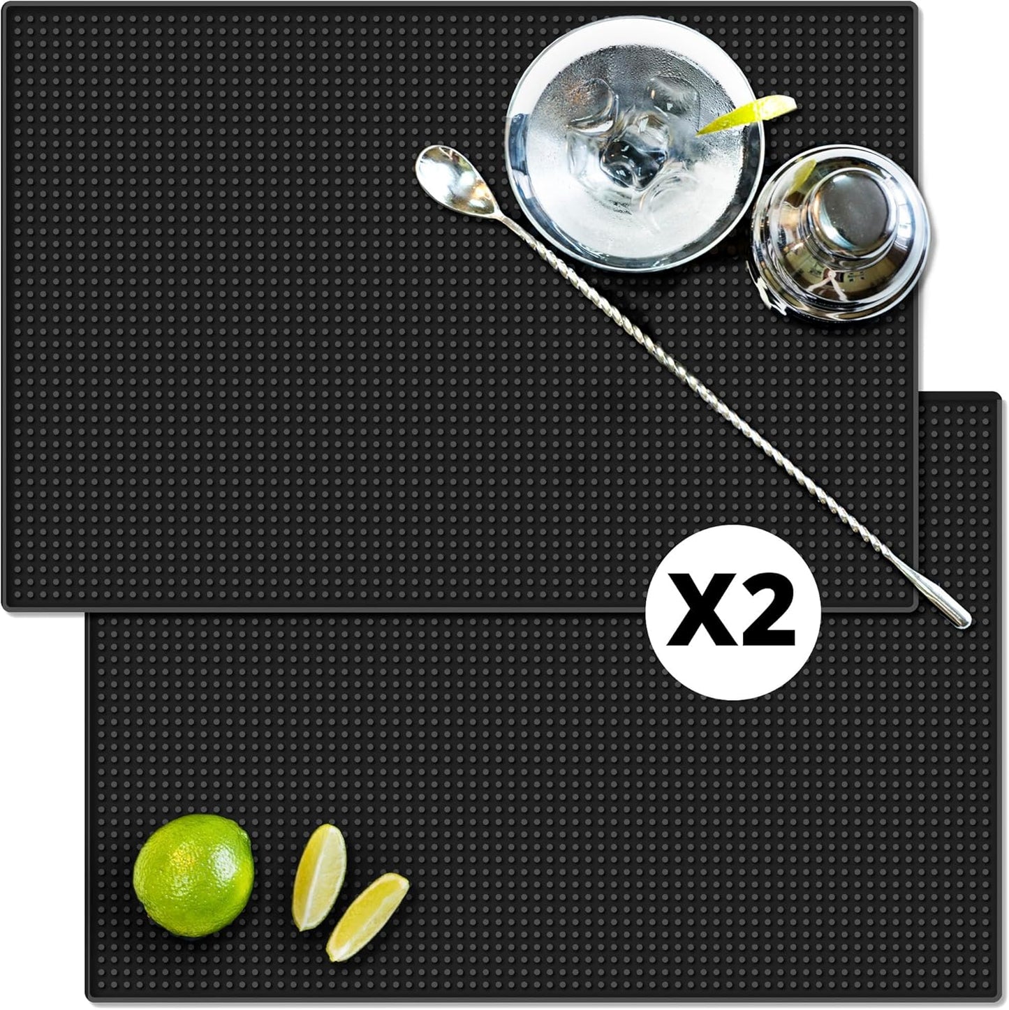 Bar Mat Set (2 Pack, 18"x12") - Non-Slip Rubber Mats for Countertop, Bartending, Home Bar - Durable, Easy Clean Drip, Spill, Drink Mat - Alternative to Silicone, Coffee Bar Mats