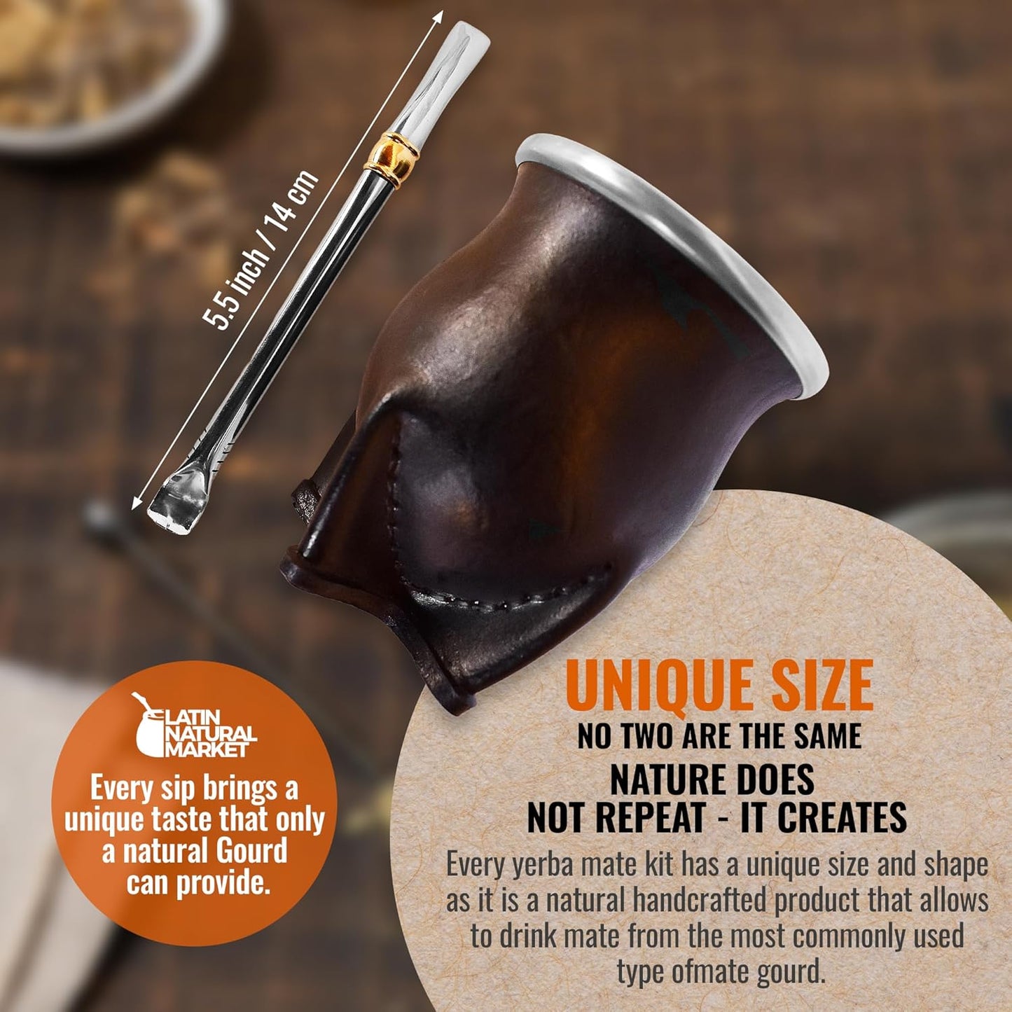 Authentic Artisan Yerba Mate Gift Set – Handmade 5.5" Natural Calabash Gourd with Leather Cover + Stainless Steel Bombilla – Traditional Argentine Kit (Gift Ready)