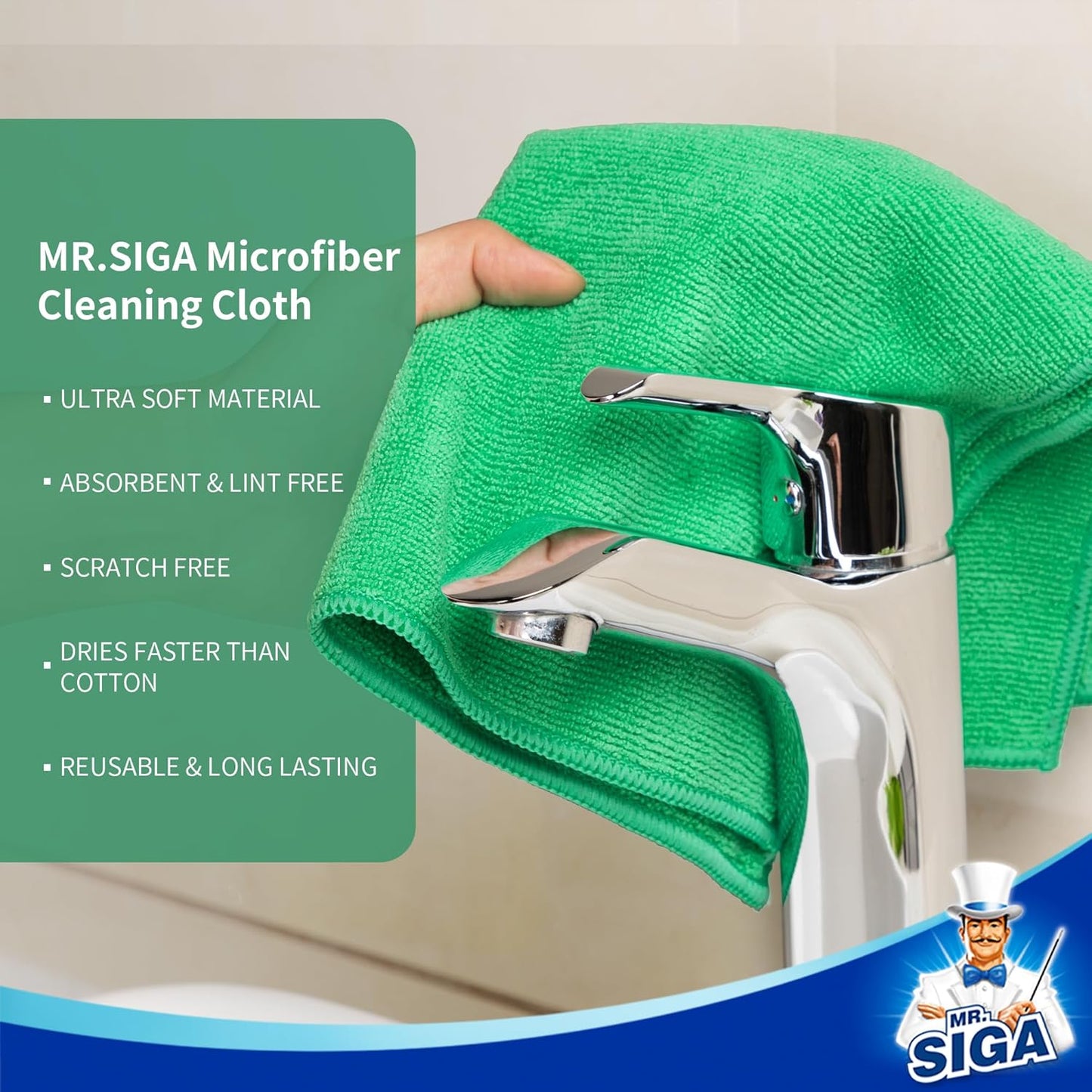 MR.SIGA Microfiber Cleaning Cloths, All-Purpose Microfiber Towels, Streak Free Cleaning Rags, Pack of 12, Green, Size 32 x 32 cm(12.6 x 12.6 inch)