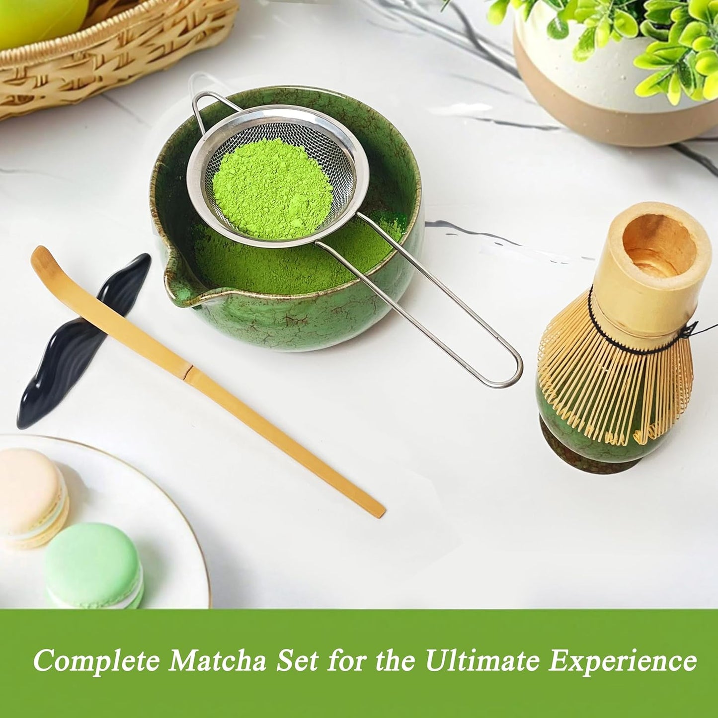 Matcha Whisk Set (7pcs) - Matcha Set with Whisk,Pouring Spout Bowl,Chasen Holder,Powder Sifter,Bamboo Scoop with Stand,Tea Cloth,Perfect Tools Kit for Tea Ceremony (Matcha Green)