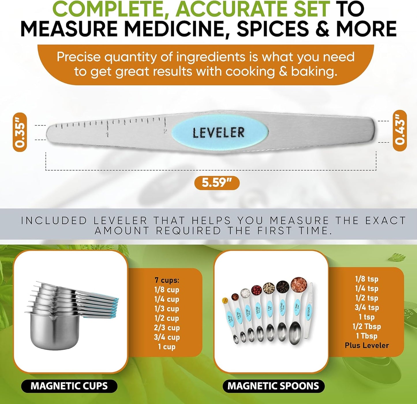 Spring Chef Magnetic Measuring Cups & Spoons Set (Patent Pending), Strong Magnets, Heavy Duty Stainless Steel Fits in Spice Jars for Baking & Cooking, BPA Free, Round Set of 15 with Leveler, Aqua Sky