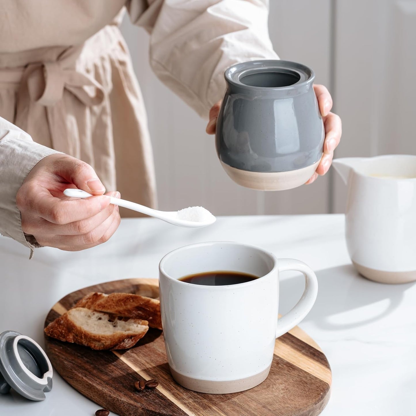 famiware Milkyway Sugar Bowl with Lid and Spoon, 10oz Ceramic Sugar Jar/Pot/Dispenser for Salt, Condiments, Spice, Seasonings, Sugar Container for Coffee Bar, Home, Kitchen, and Countertop, Dark Gray