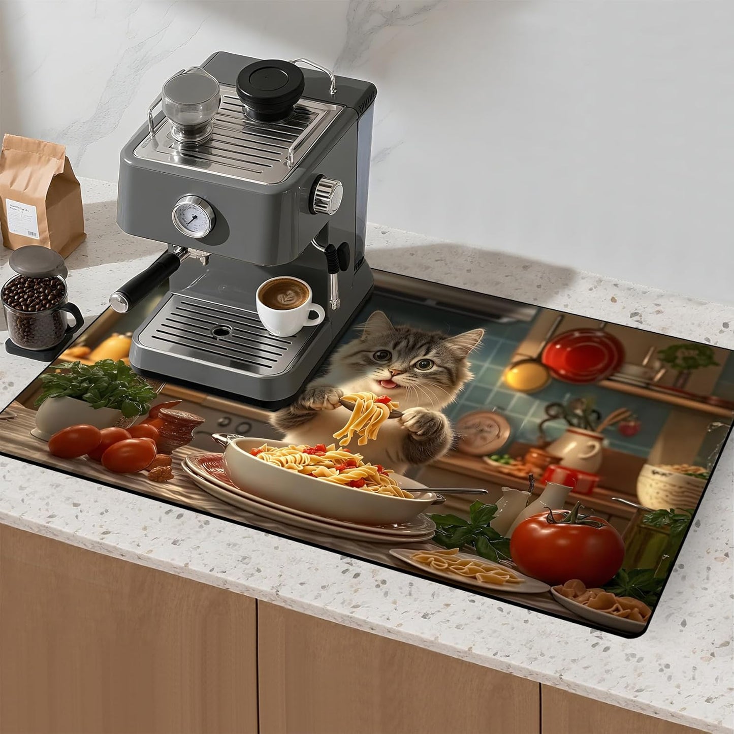 17"x 32" Coffee Bar Mat, Cat Chef Absorbent Dish Drying Mat Cuttable Hide Stain Draining Table Pad for Kitchen Counter, Coffee Bar Accessories