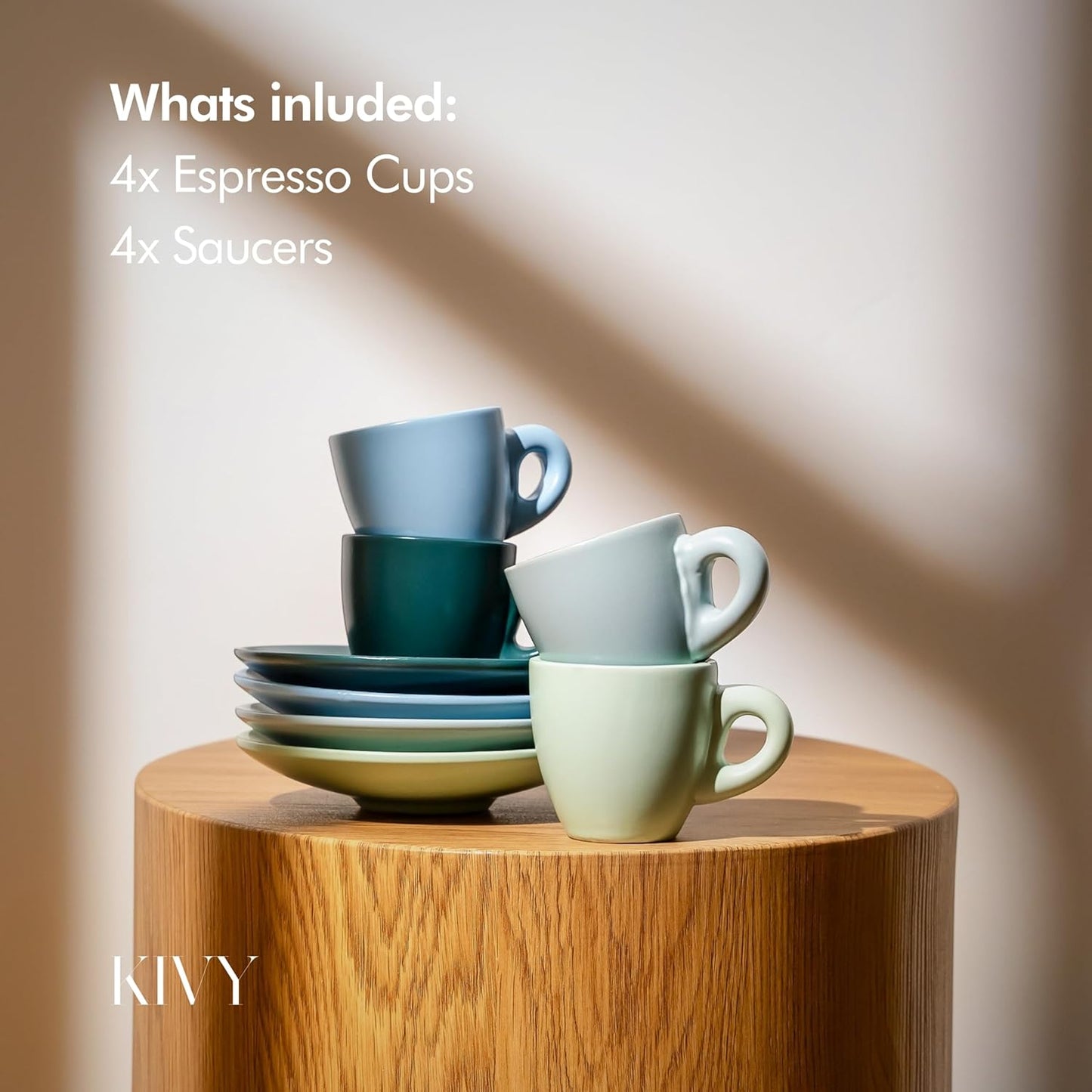 KIVY Espresso Cups Set of 4 [Set 4x 3oz]- Espresso Set Thick Walled Stoneware Espresso Cup Set - Italian Style Espresso Cups and Saucers - Coffee Mugs - Pastell Green, Blue