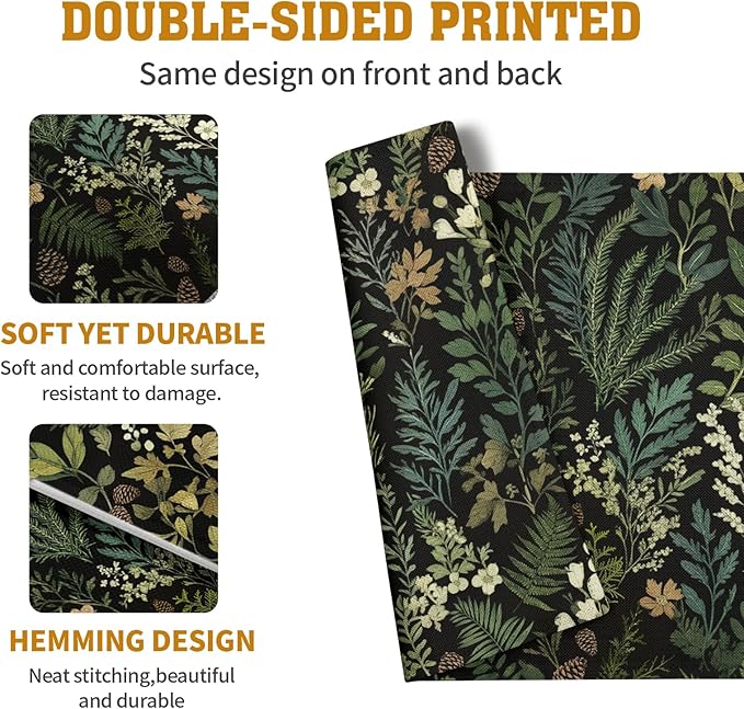 Black Sage Green Plant Placemats Set of 4 Vintage Botanic Fern Leaves Herb Floral Place Mats Rustic Farmhouse Linen Fabric Table Mats for Party Kitchen Dining Outdoor Indoor Decor