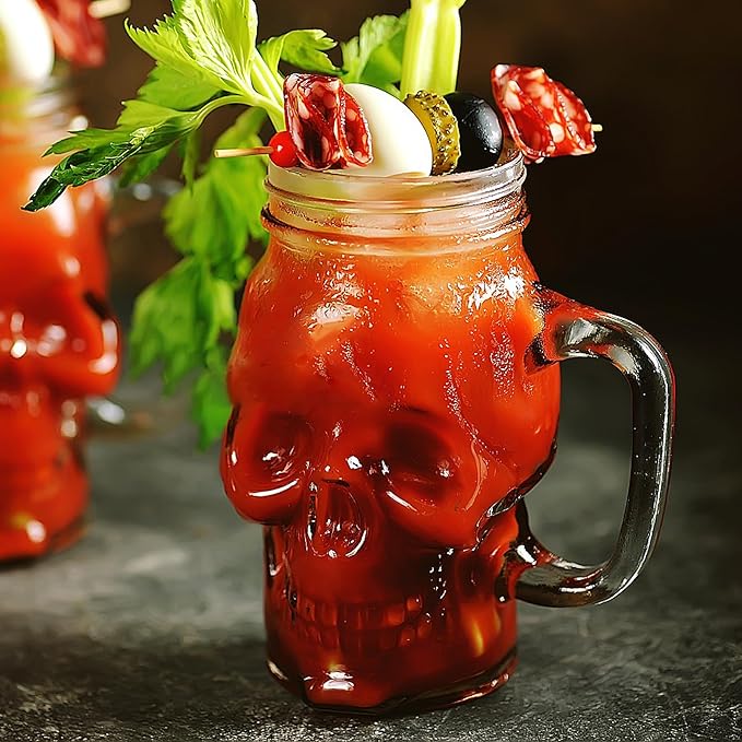Halloween Cups Set of 4 - Skull Mason Jar with Lids Straws and Handle - Skull Drinking Glasses for Halloween Party Bar Decor (16 oz, Clear)
