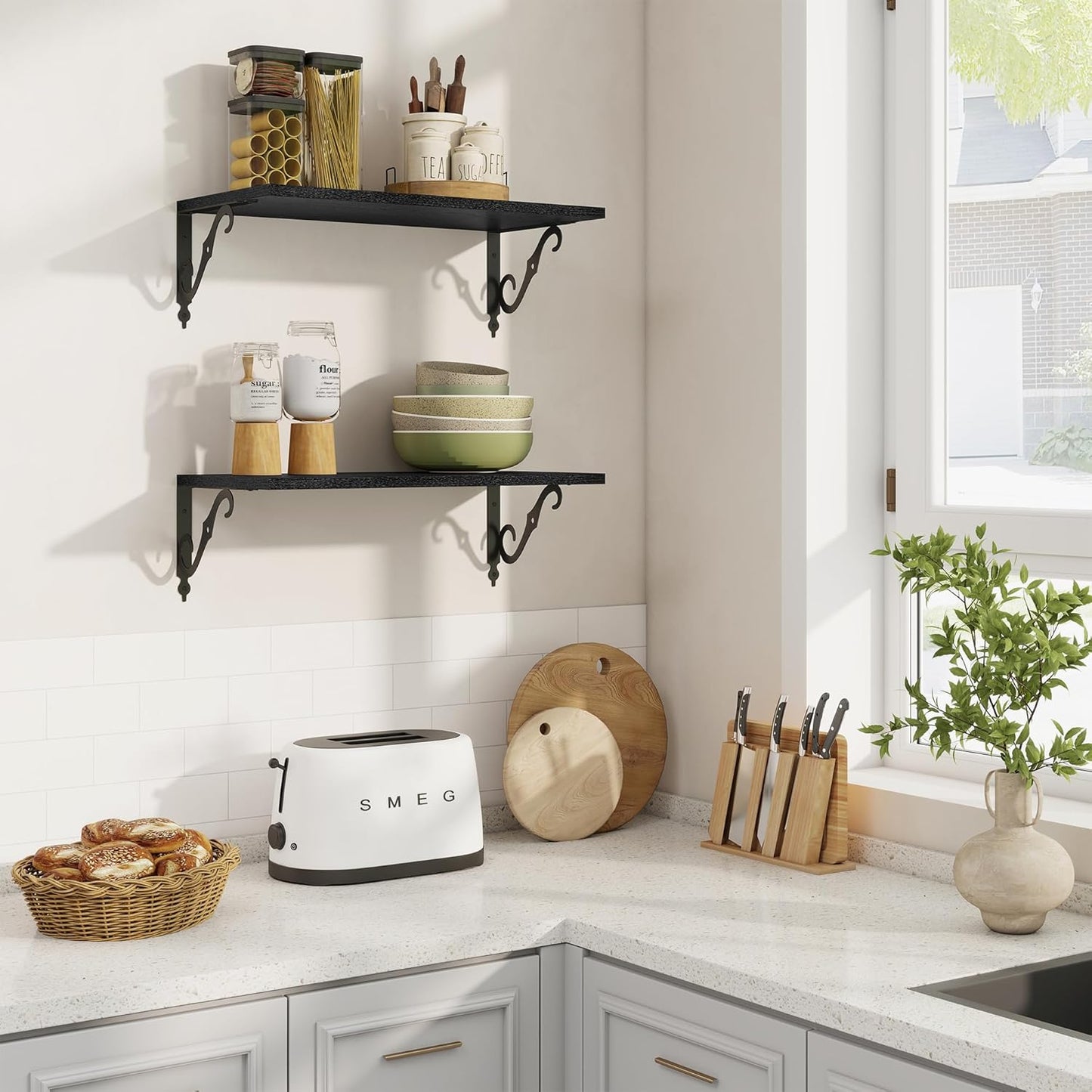 RICHFOCUS 12 Inch Deep Floating Shelves for Wall, 24" W x 12" D Black Wood Wall Shelves Set of 2, Wide Floating Shelves for Living Room, Bedroom, Kitchen, Bathroom and Decor Storage, Black