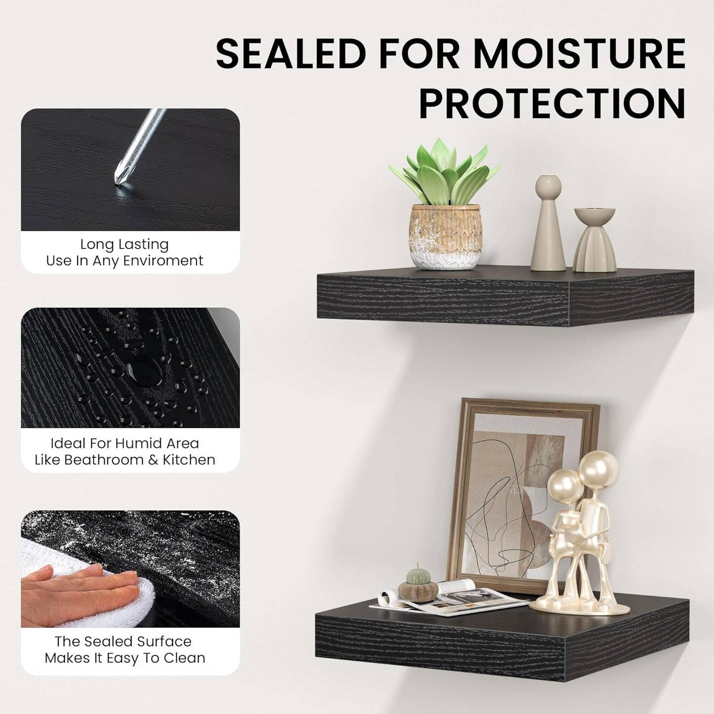 Square Floating Shelves for Wall, 8" W x 8" D x 1.2" H, Small Wooden Wall Mounted Display Shelves with Invisible Brackets for Living Room, Bedroom, Bathroom, Kitchen Decor, Set of 4, Black