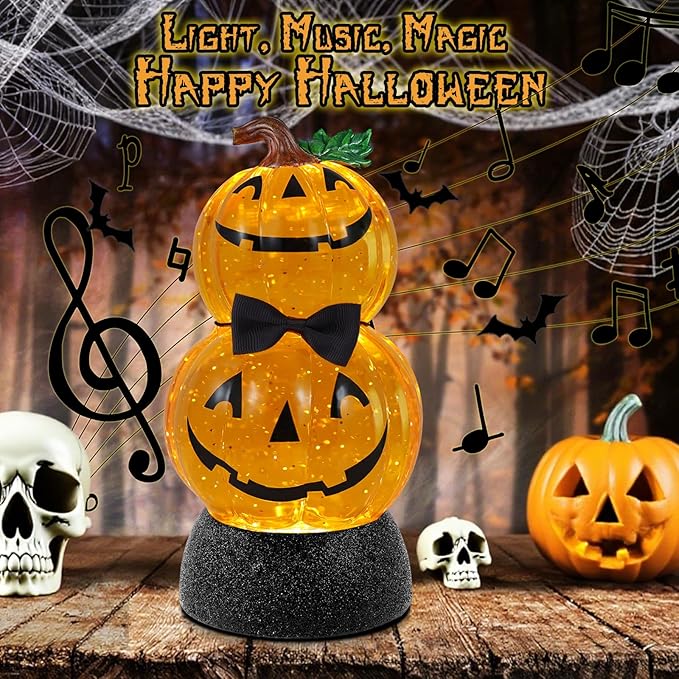 Halloween Snow Globe Lantern Lighted Pumpkin Musical Snow Globe Glitter with 6H Timer Battery and USB Operated Halloween Snow Globes Water Lantern for Spooky Festival Party Decoration (Pumpkin)