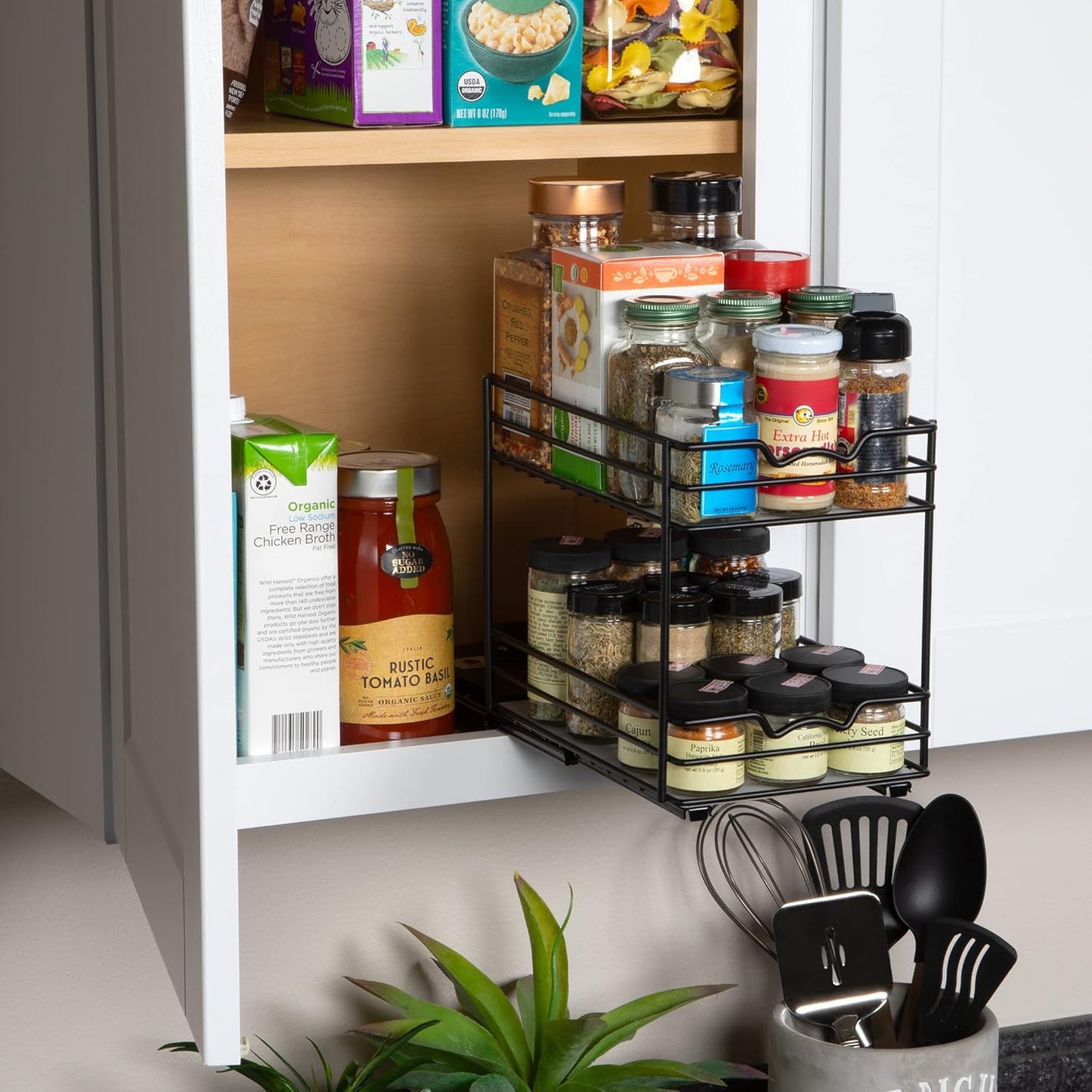 Pull Out Cabinet Organizer for Spices, Cans - Heavy Duty with Lifetime Limited Warranty- Pull Out Spice Rack- Cabinet Pull Out Shelf for Cans,Dishes, Etc, 6-1/2"Wx10-3/8"Dx8-7/8"H, Black