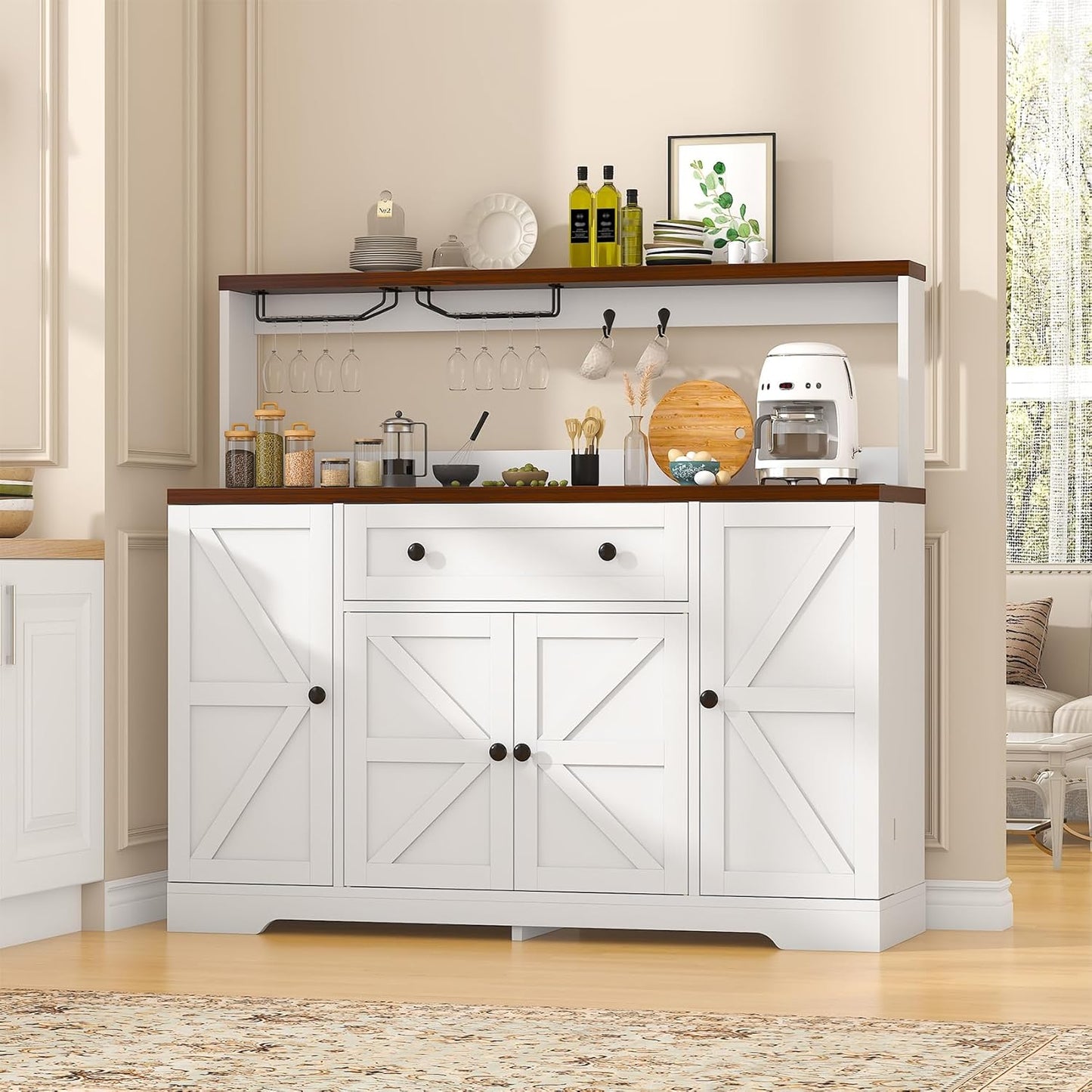 Hutch Storage Buffet Cabinet with Drawers, and Charging Station, Coffee Bar Cabinet with Barn Doors, Wine Rack and Hooks, White Wood Sideboard Buffet for Kitchen, Dining Room, 47.8" High