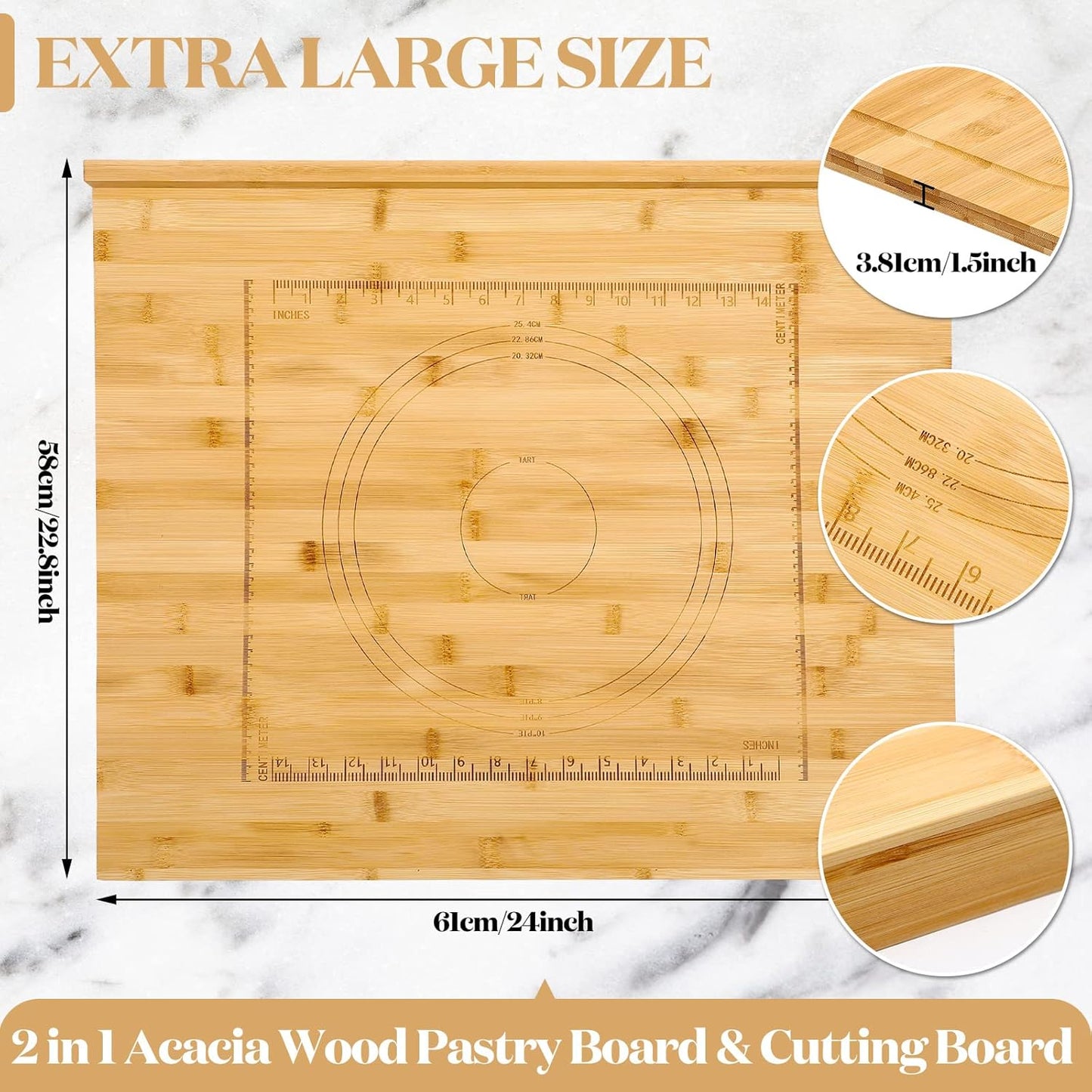 Vesici Reversible Pastry Board with Lip for Rolling Dough Large Wooden Cutting Chopping Kneading Board with Engraved Measurements for Counter Table Top Kitchen(Wood,24 x 22.8 x 1.5 Inch)
