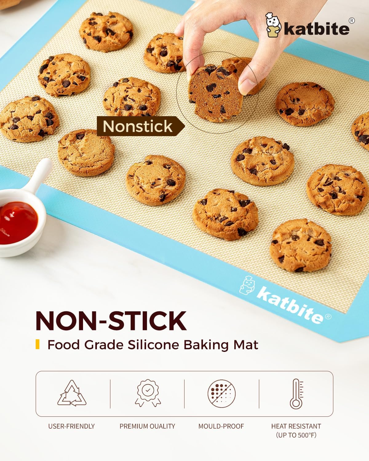 Katbite Silicone Baking Mat Colorful Collection - Set of 3: 2 Half Sheets Mats (11 5/8" x 16 1/2") + 1 Quarter Baking Sheet, Reusable & Nonstick Bakeware Mats for Cookies, Macarons, Bread (Light Blue)