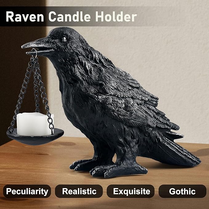 Raven Gothic Home Decor Fake Crow Light Holder Raven Lamp Tealight Candle Holder Resin Raven Statue Wearing Silver