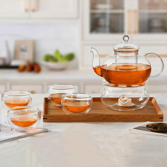 CnGlass 33.8oz Glass Teapot with Removable Infuser,Stovetop Safe Tea Kettle with 4-Pack Glass Teacups 3.4oz and Tea Warmer 5.3 in/13.5cm Diameter