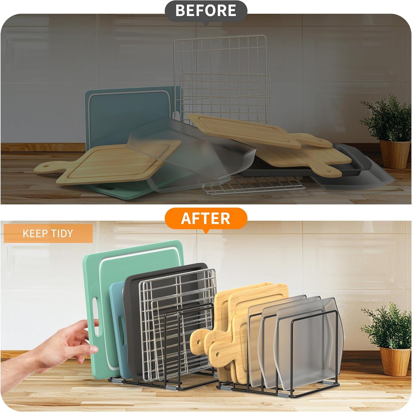 Cutting Board Organizer, [2-Pack] Kitchen Cabinet Organizer, Divided Rack with 5 Slots for Baking Trays, Cutting Boards - Cookie sheet Organizer Inside Cabinet, Baking Sheets Holder (Large)