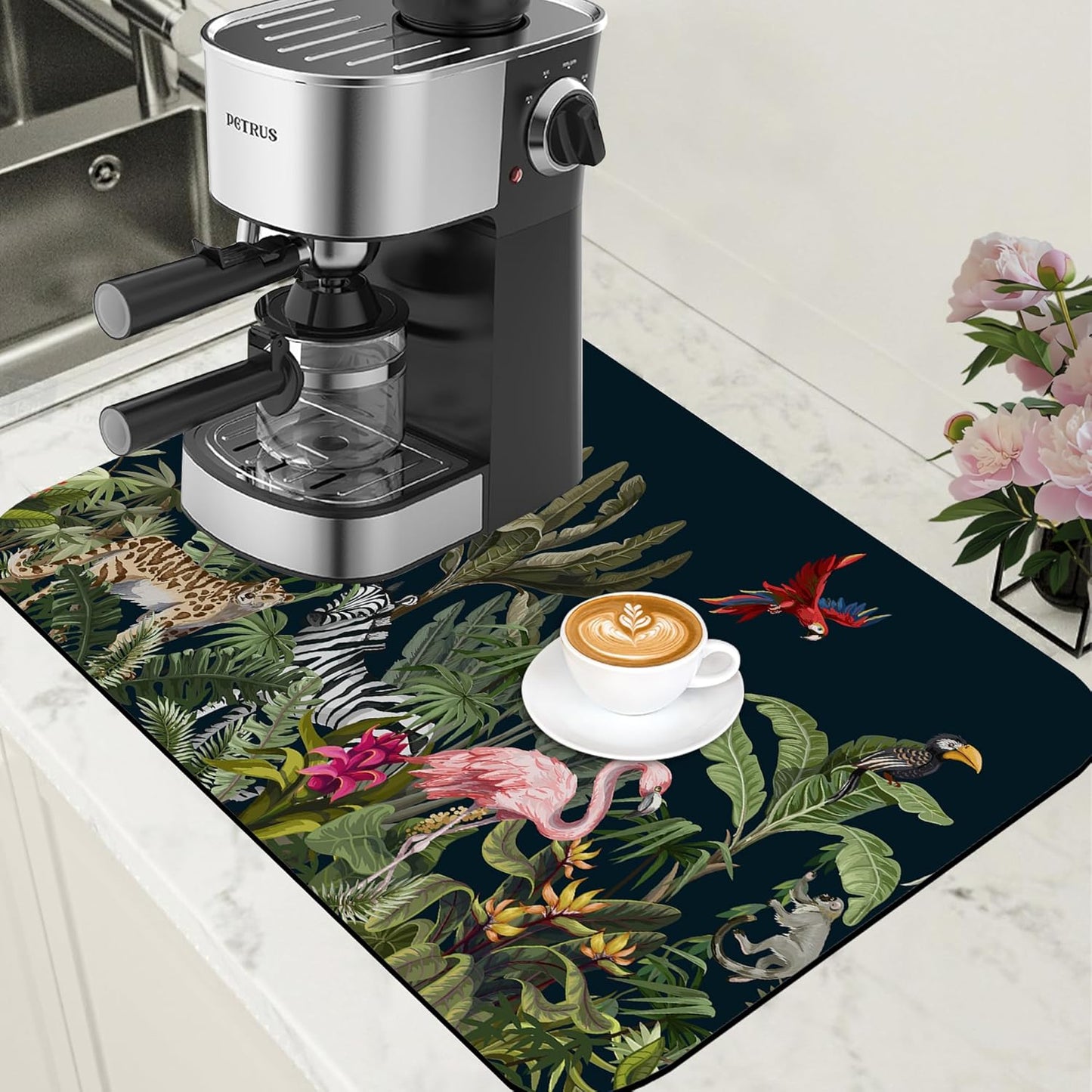 Jungle Animals Coffee Mat Tropical Dish Drying Mat for Kitchen Counter Absorbent Hide Stain Rubber Backed Coffee Bar Accessories Fit Under Espresso Machine Cafe Table, 15.7 x 23.6 Inch