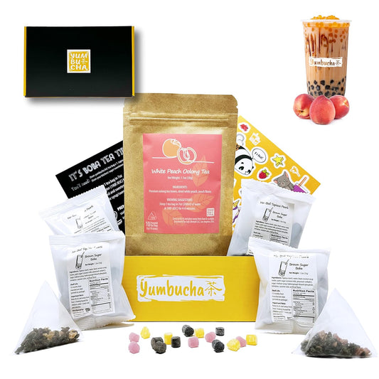 YUMBUCHA Boba Kit Set - DIY Tea Making Kit With White Peach Oolong & Tapioca Pearls - Create 10 Delightful Drinks - Exquisite Loose Leaf Teabags Included - Gift Set for Tea Lovers