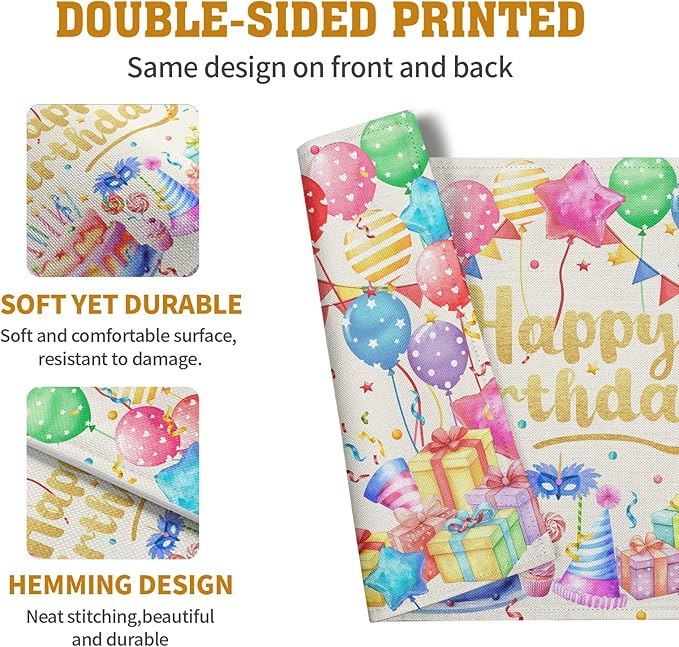 Happy Birthday Placemats Set of 4 Colorful Balloons Confetti Cake Linen Table Mats 12x18 Inch Birthday Party Place Mats for Kitchen Dining Outdoor Indoor Decorations