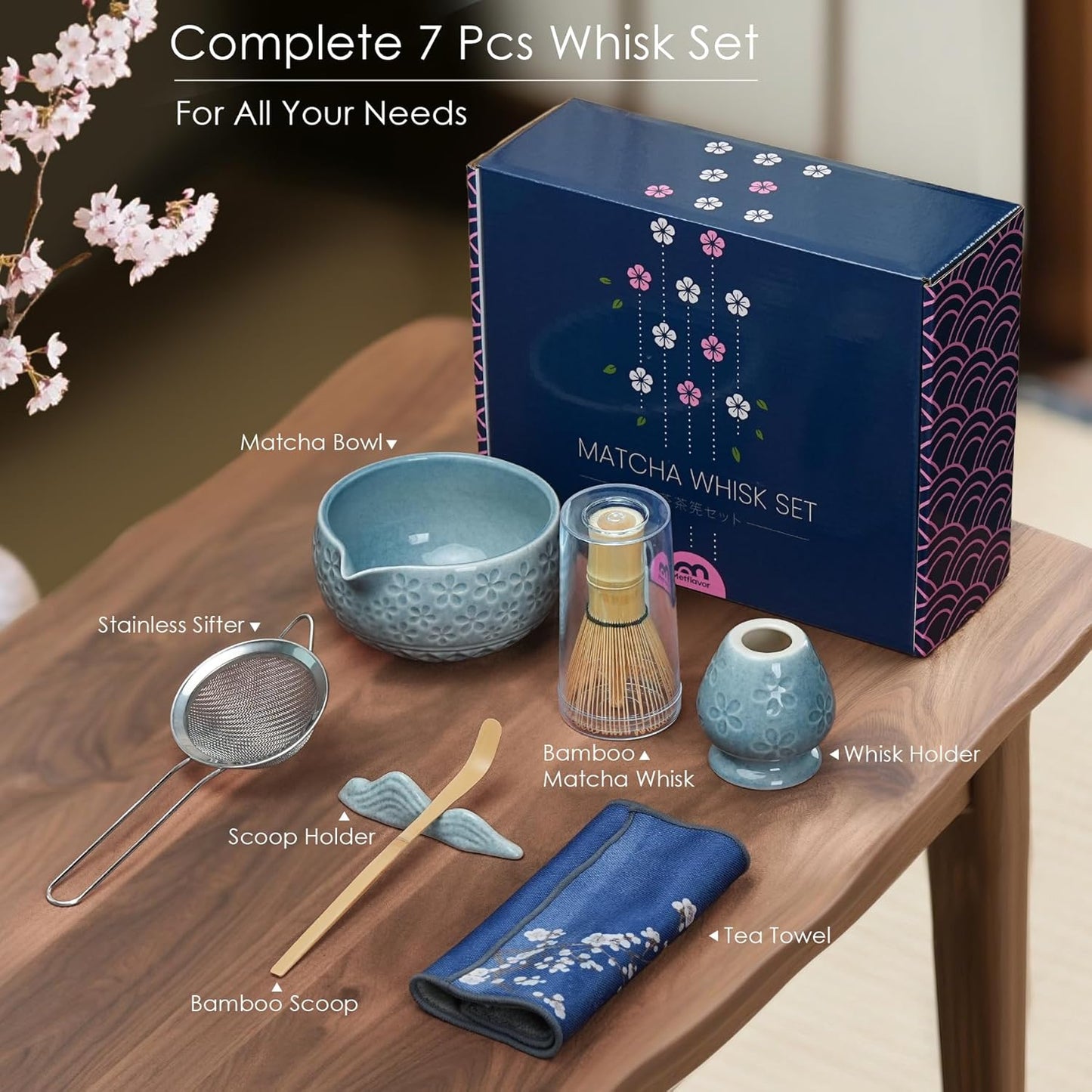7Pcs Matcha Whisk Set, Ceramic Matcha Bowl with Spout,Bamboo Whisk and Holder, Bamboo Scoop,Scoop Rest,Sifter and Tea Towel,Matcha Kit w/Cherry Blossom Carved Pattern (Blue)