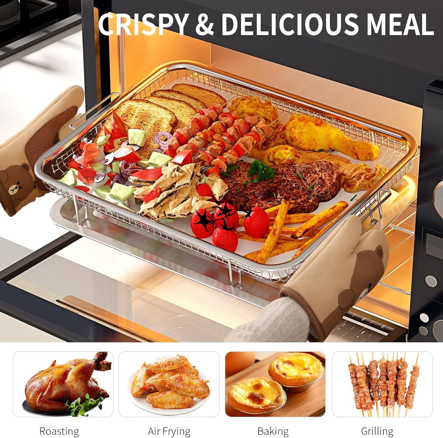 Air Fryer Basket for Oven, OPENICE 15.6" x 11.6" Large Air Fryer Tray and Pan with 30PCS Parchment Papers, Stainless Steel Oven Air Fryer Basket and Tray for Baking Grilling