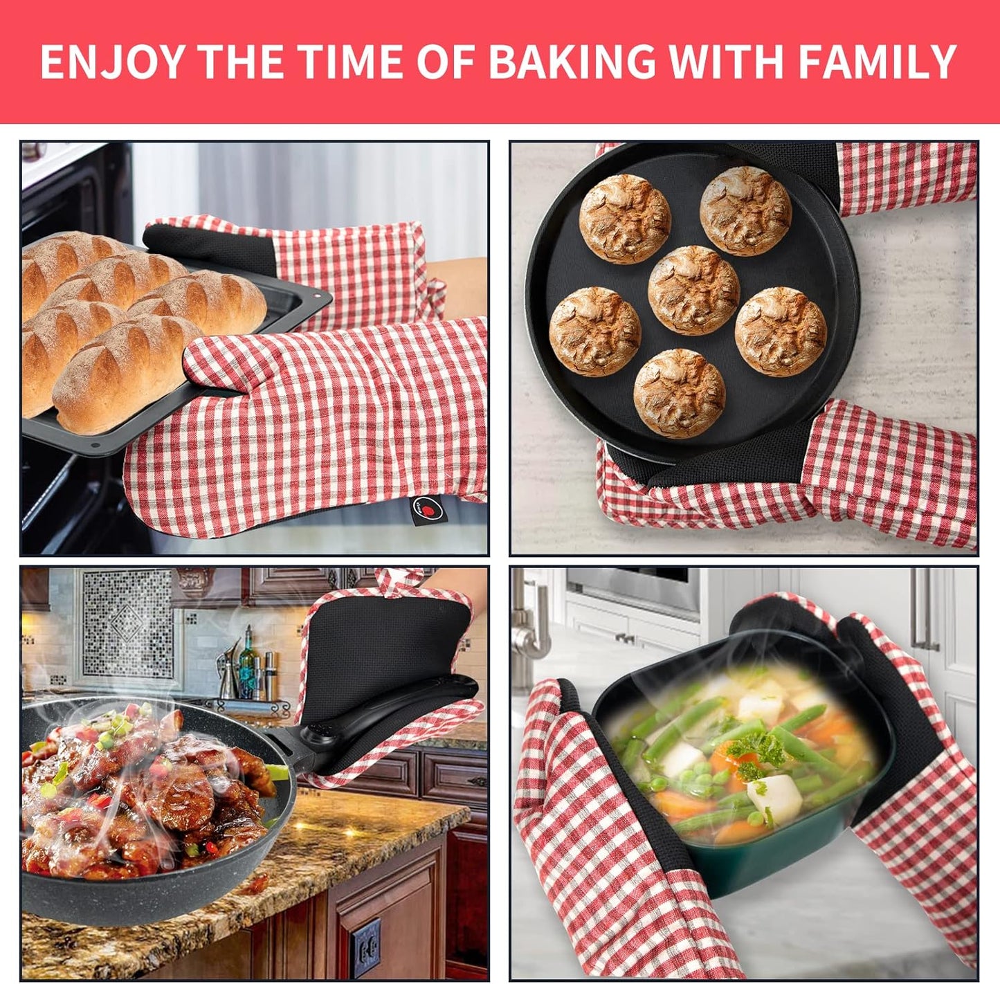 Oven Mitts and PotHolders Sets, 4 Pcs Kitchen Oven Glove High Heat Resistant 400°F Pot Holders for Kitchen, Non-Slip Neoprene Oven Mitts are Suitable for Cooking, Baking (Red Grid)