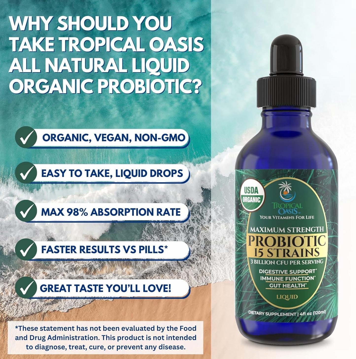 USDA Organic Liquid Probiotics for Men, Women & Kids | 15 Clinically Studied Strains | Digestive Support, Immune & Gut Health | Maximum Strength | 98% Absorption | Vegan, Non-GMO | 40 Serv