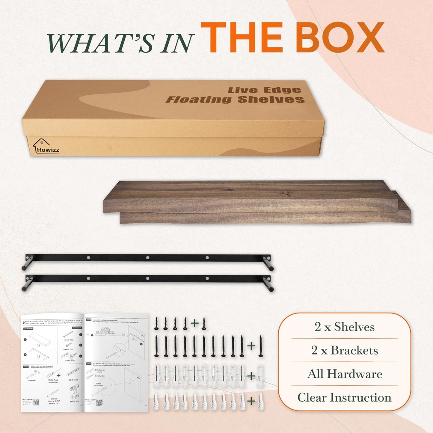 24" Acacia Live Edge Floating Shelves Set of 2 - Wall Mounted Wooden Shelf for Stylish Home Décor - Dark Walnut Color 24x7.5x1.5 Inches