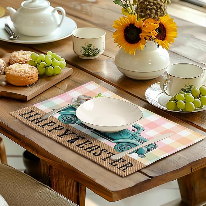 Happy Easter Placemats Set of 4 Pink Yellow Blue Buffalo Plaid Truck Eggs Daisy Easter Table Mats Spring Seasonal Linen Place Mat Washable Place Mats for Party Kitchen Dining Outdoor Indoor Decor