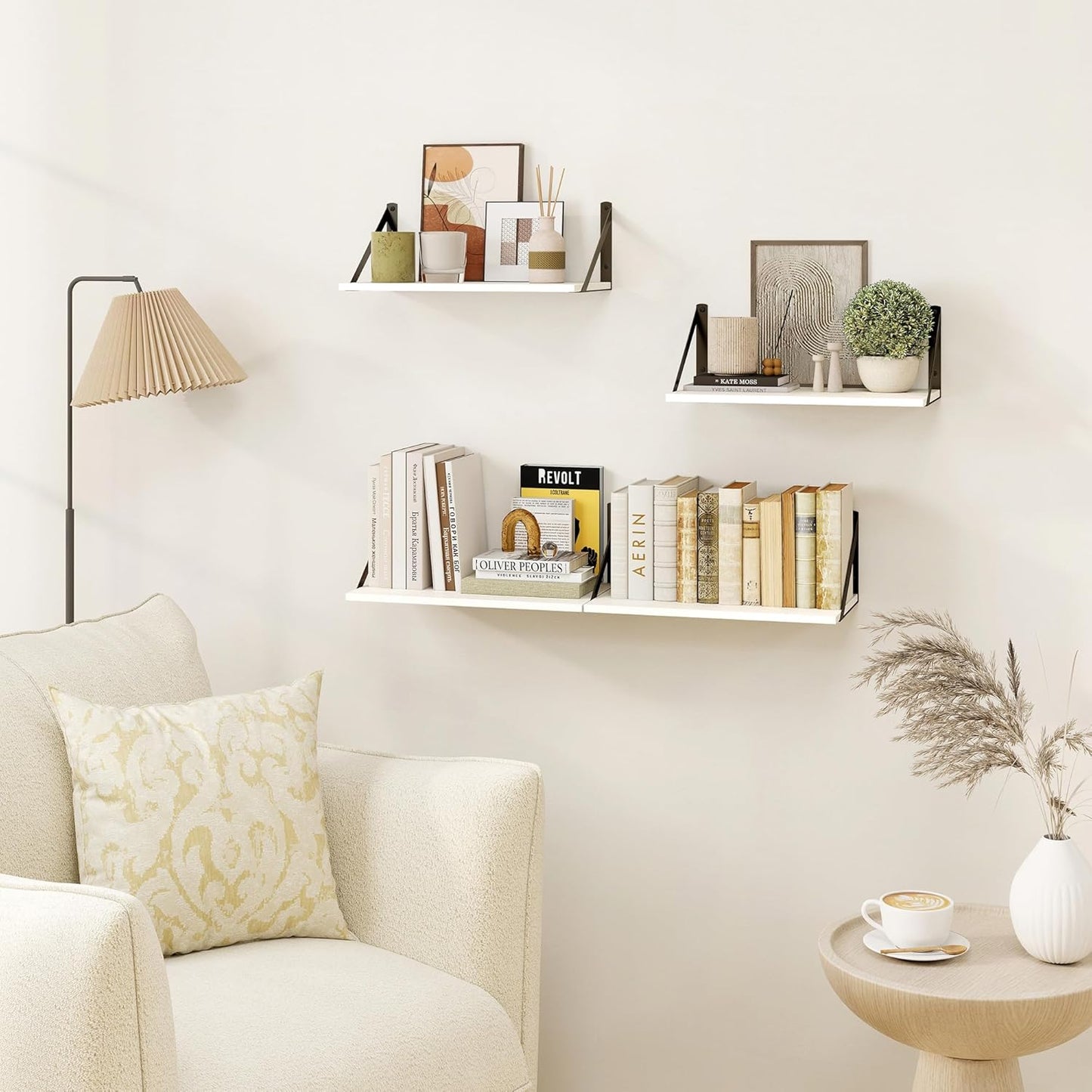 Heimlove White Deep Floating Shelves for Wall, 16W x 8D Wood Wall Shelves Set of 2, Wide Floating Bookshelf for Living Room, Kitchen, Office, Bedroom and Decor Storage, with Black Bracket - White