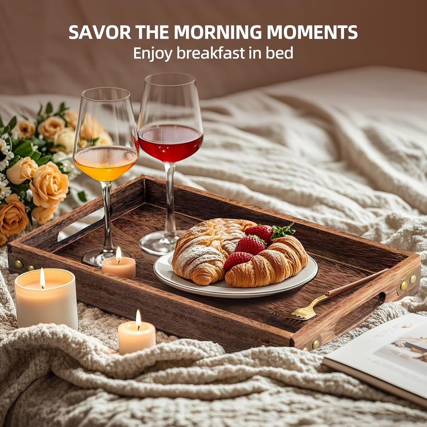 18.1 Inch Rustic Wood Serving Tray with Handles, Breakfast Tray Wooden Trays Decorative Serving Platter for Eating, Working, Storing, Used in Bedroom, Kitchen, Living Room, Bathroom and Outdoors