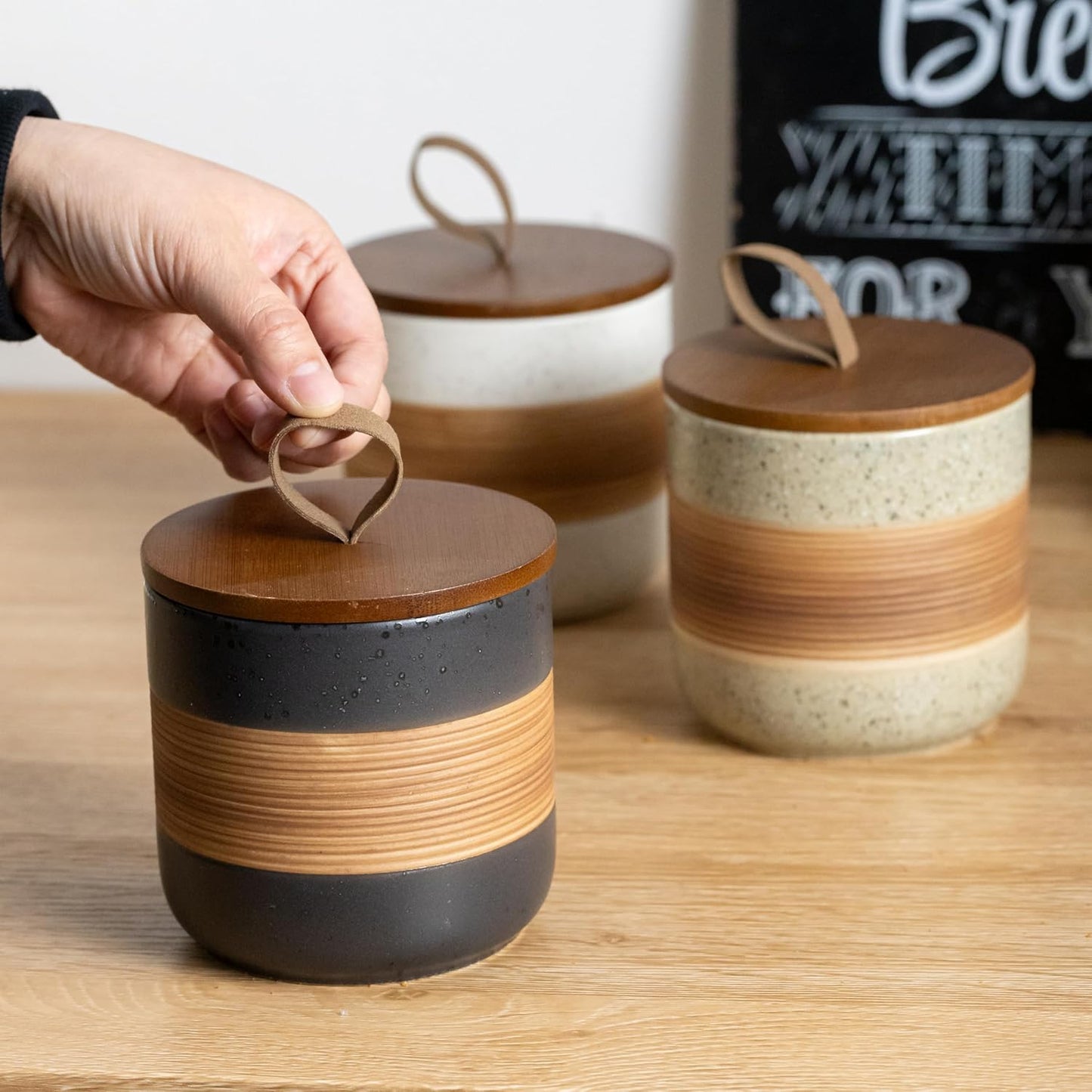 Ceramic Jar with Lid, Coffee Container Kitchen Food Storage Jars for Spice Sugar Tea Bag, Stackable Decorative Jars for Countertop, Black & 18 fl.oz