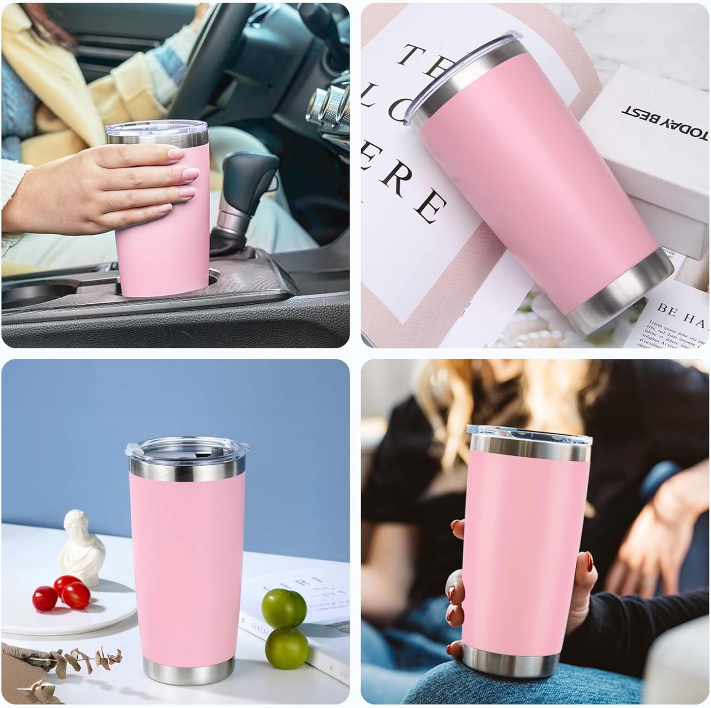 OMTech 20oz Tumblers Bulk, 12pc Stainless Steel Tumbler Set with Lid & Straw, Double Wall Vacuum Insulated Mug for Laser Engraver, Travel Coffee Mug for Hot & Cold Drinks, Pink Powder Coated Cup