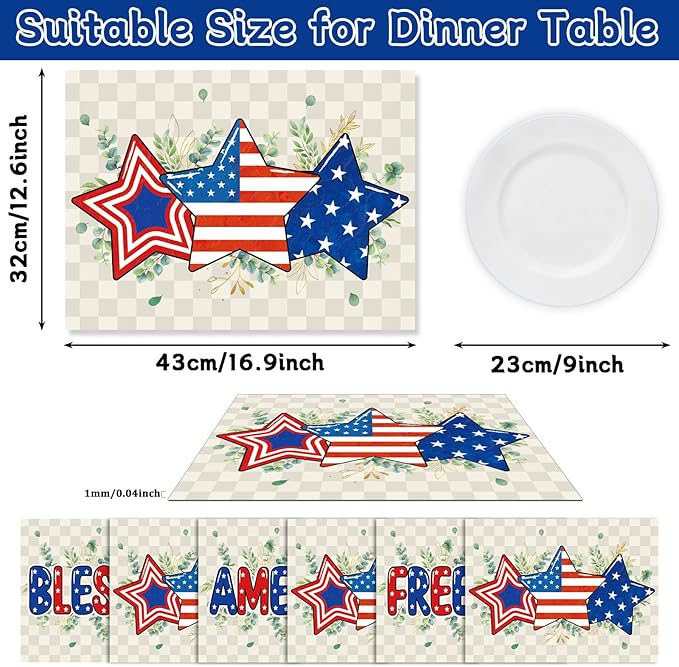 Veterans Day Placemats Set of 6 4th of July Patriotic American Flag Stars Plastic Table Mats Eucalyptus Election Day Memorial Place Mats Table Decoration for Indoor Outdoor Party Kitchen Dining