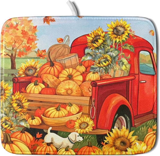 Autumn Pumpkin Red Truck Dish Drying Mat for Kitchen Counter,Fall Leaves Sunflower Cue Dog Harvest Drying Mat 16 x 18 Inch Microfiber Dish Drying Pad Dish Rack Drainer Mat for Coffee Bar