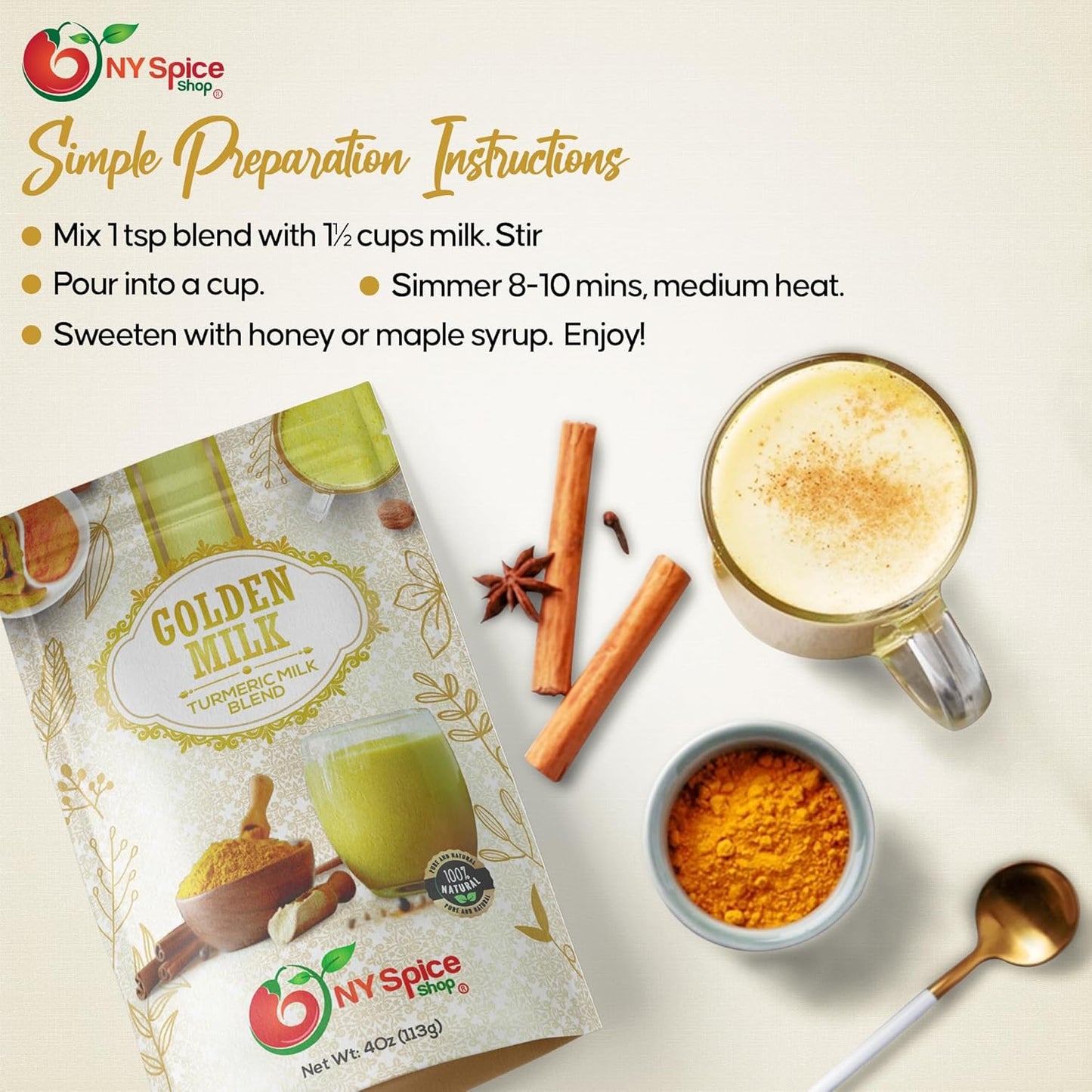 NY SPICE SHOP Golden Milk Superfood Powder – 4 Oz (Ounce) Instant Latte Mix Superfood with Turmeric - Superfood Blend of Turmeric, Cinnamon, Ginger, Black Pepper, Nutmeg, Green Cardamom