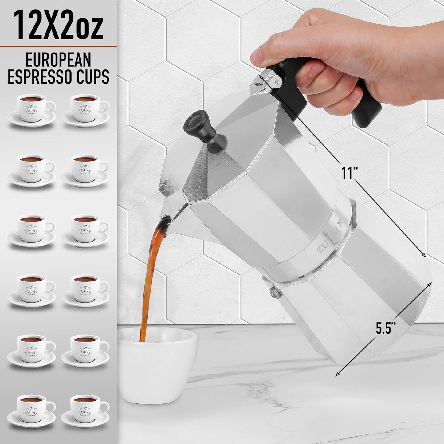 Zulay Moka Pot Espresso Stovetop Coffee Maker - Leak-Proof, Stainless Steel, Easy to Clean, Heat Resistant Handle & Knob -for Authentic Cuban & Italian Style Espresso - Makes 12 Espresso Cups - Silver