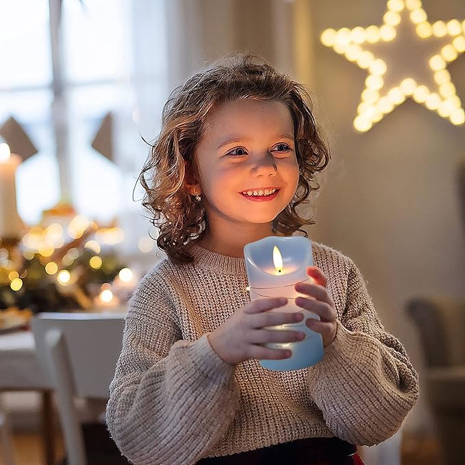 danip Sky Blue LED Flameless Candle, with Embedded Star String, 3-Piece Set of LED Candles, with 11 Button Remote Control, 24-Hour Timer Function, Dancing Flames, Real Wax, Battery Powered.