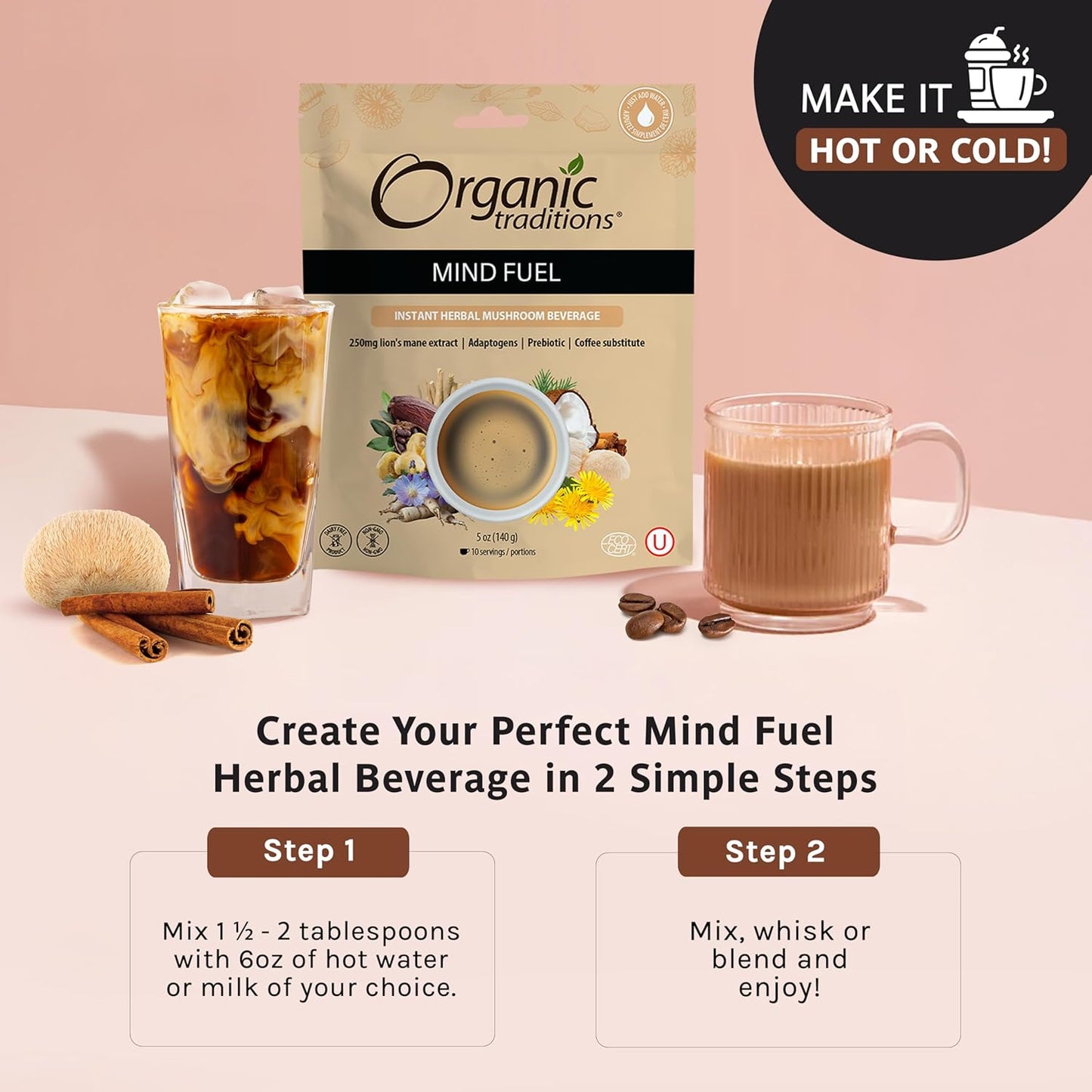 Organic Traditions Mind Fuel Instant Mushroom Coffee Alternative – Caffeine-Free Herbal Mushroom Drink - Organic Lion’s Mane, Maca, Dandelion & Chicory – Focus, Energy & Cognitive Support – 10 Servings – 140g, 7.4oz