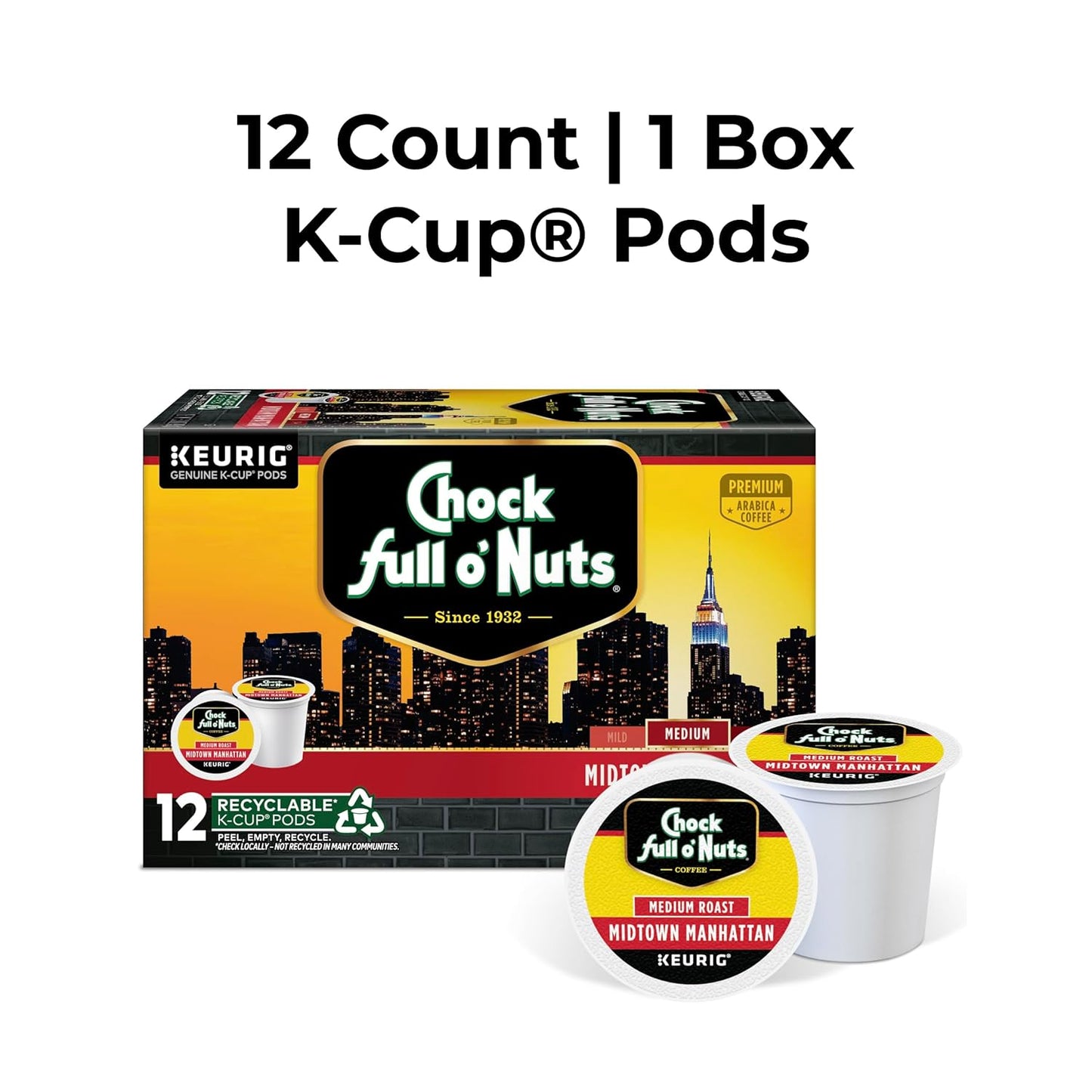 Chock full o’Nuts Midtown Manhattan Keurig K-Cup Pods for Keurig Brewers – Premium Arabica, Medium Roast – Single Serve – 1 Pack of 12 K-Cup Pods