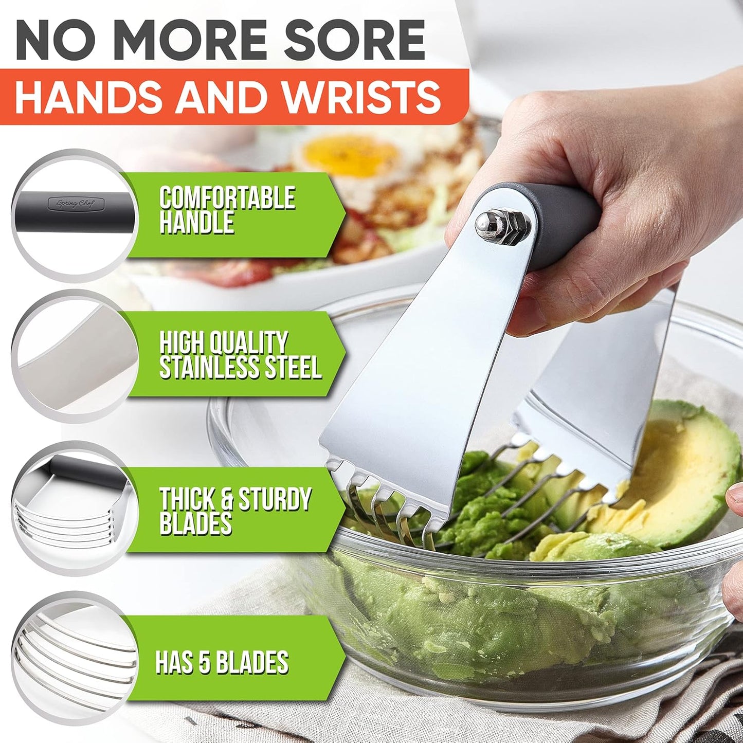 Spring Chef Large Gray Dough Blender For Baking, Heavy Duty Dough Cutter Tool, Stainless Steel Manual Pastry Cutter Tool with Sharp Blades, Dishwasher Safe Pastry Blender for Easy Mixing