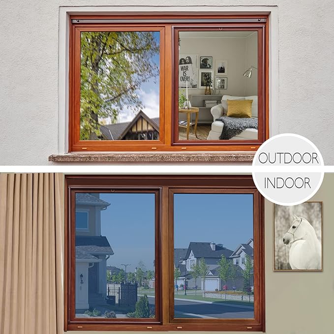 HIDBEA One Way Window Film Daytime Privacy Window Tint for Home, UV Blocking Reflective Heat Control Glass Films Non-Adhesive Mirror Window Clings (Blue-Silver, 23.6 Inch × 6.5 Feet)