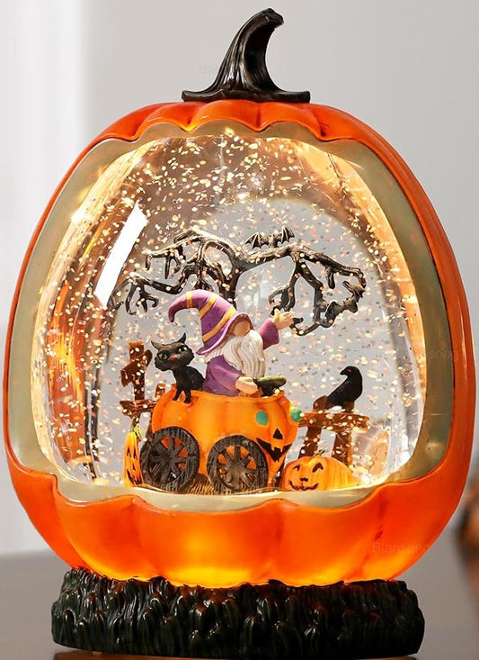 Halloween Snow Globe Pumpkin Halloween Decorations Indoor Gnome Black Cat Bat Swirling Glitter Timer