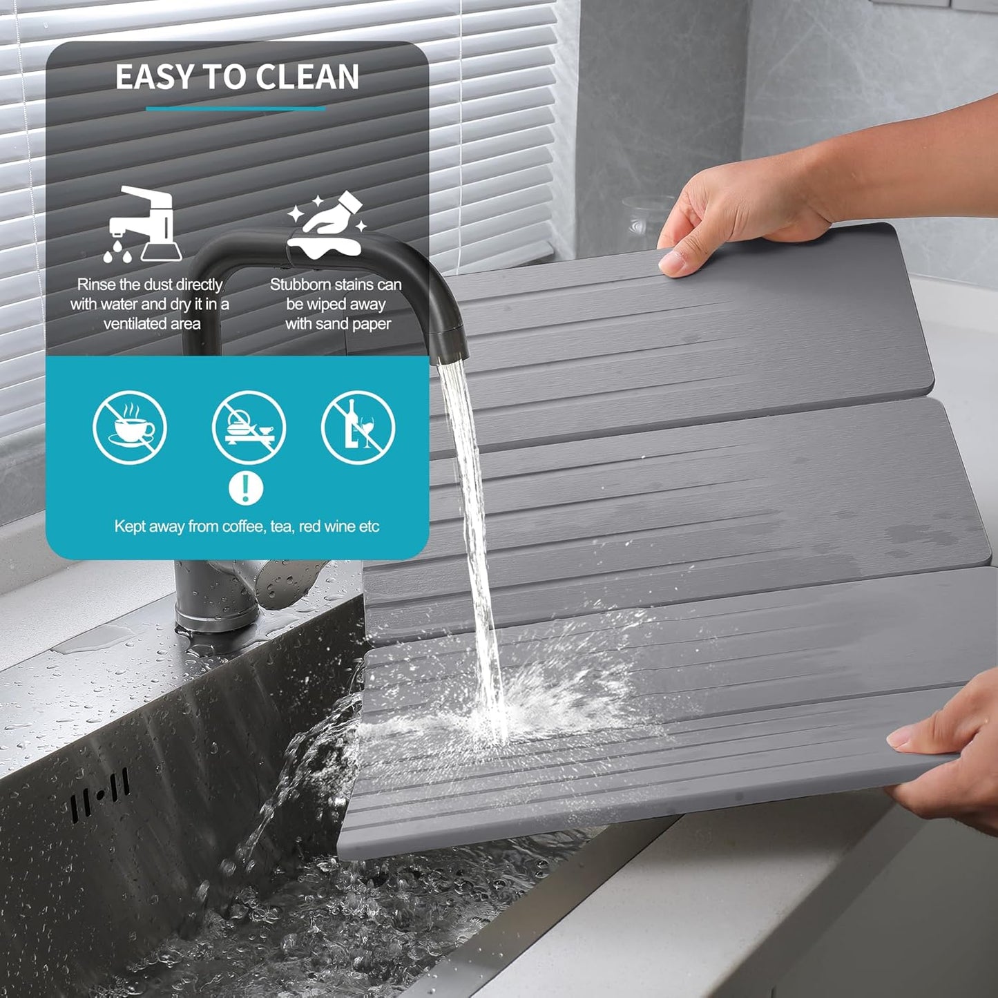 Extral Large Quick Dry Stone Drying Mat for Kitchen Counter,28x16 Inch Collapsible Eco-Friendly Absorbent Diatomaceous Earth Mat for Dishes Cups (Medium Gray-Upgraded Version, 16x12 inch)