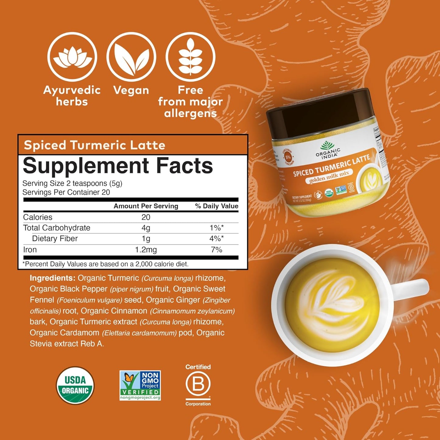 Organic India Spiced Turmeric Latte Powder - Golden Milk Mix, Authentic Blend, Gold Tea Drink, With Ginger and Cinnamon, Vegan, Ayurvedic Herbs, Caffeine Free, Zero Added Sugar - 3.52 Oz