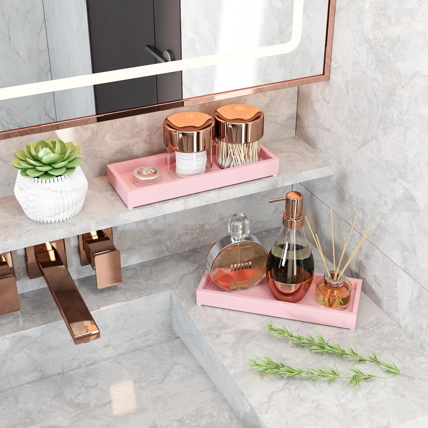 Bathroom Perfume Tray for Candle Trinket, Decor Vanity Trays for Countertop Nightstand Toilet Tank Counter Dresser Bedroom, Decorative Wooden Rectangle Holder for Skincare Cosmetic Accessory, Pink