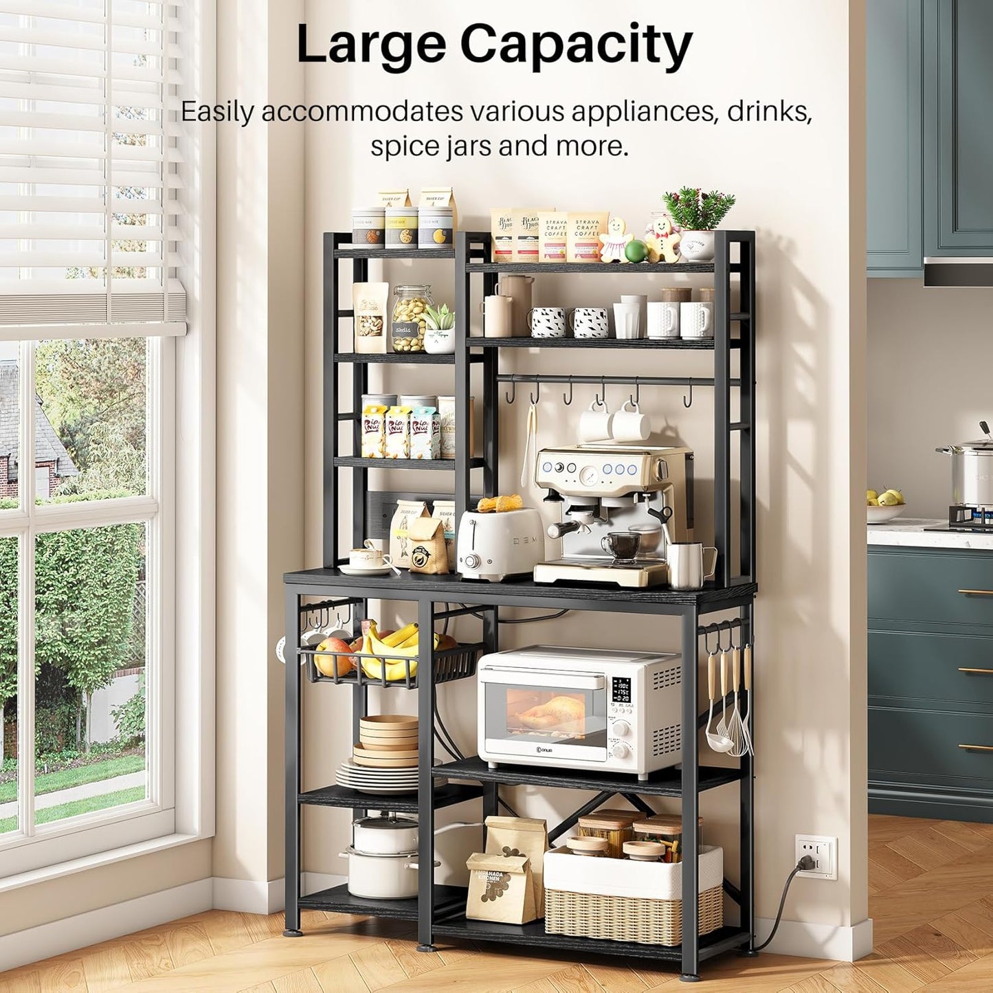 Baker Rack with Power Outlet - Microwave Stand with Storage, Large Coffee Bar Station with 14 Hooks, Metal Kitchen Shelf Rack for Spices, Pots (Rustic Black)