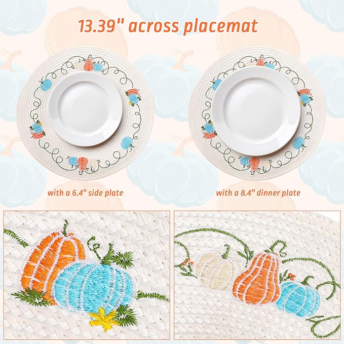 Whaline 4Pcs Round Fall Placemats Pumpkin Embroidered Place Mats Autumn Dinner Table Mats for Home Harvest Thanksgiving Holiday Party Decor