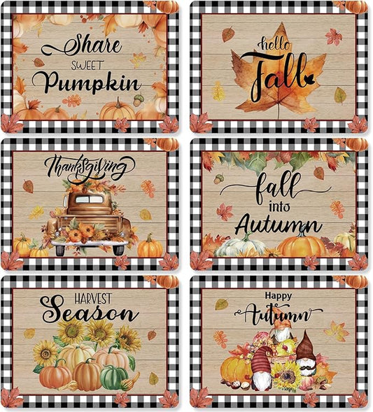 Fall Placemats Set of 6 Buffalo Plaid Thanksgiving Plastic Table Mats Autumn Vintage Maple Leaf Place Mats Pumpkins Truck Leaves Fall Table Decoration for Indoor Outdoor Party Kitchen Dining